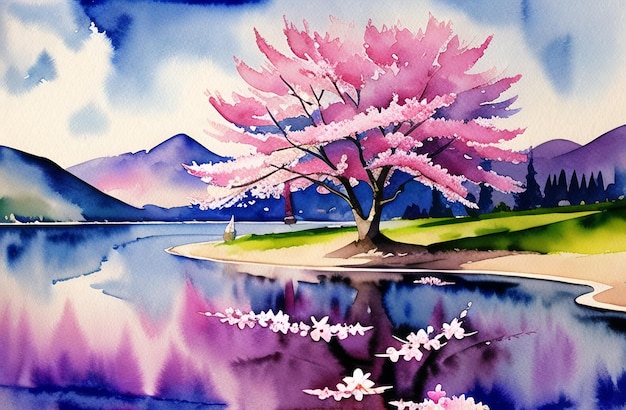 Cherry Blossoms Pink Flowers Springtime trees Fantasy Illustration Painting ai generated Watercolor