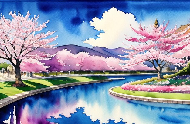 Cherry Blossoms Pink Flowers Springtime trees Fantasy Illustration Painting ai generated Watercolor