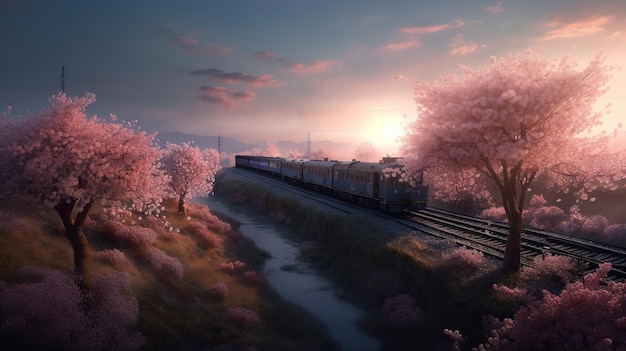 Cherry blossoms and train at sunset Generative AI