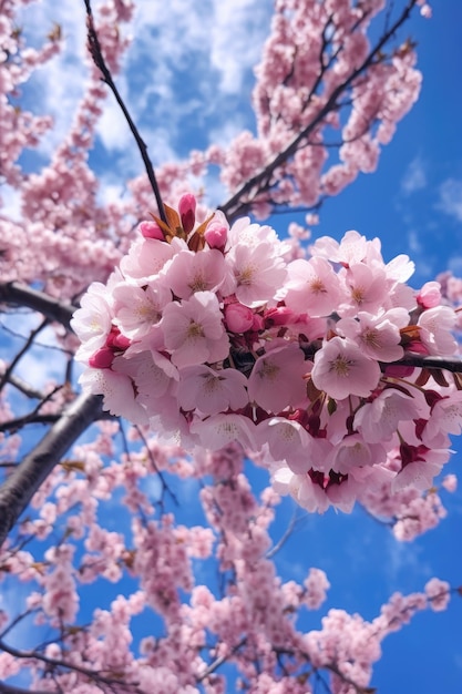 Cherry blossoms on a tree branch with blue sky created with generative ai