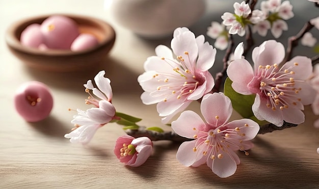 Cherry Blossoms on Wooden Table Photography Spring Theme