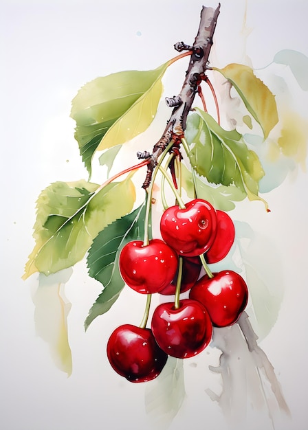 Photo cherry botanical watercolor on white background