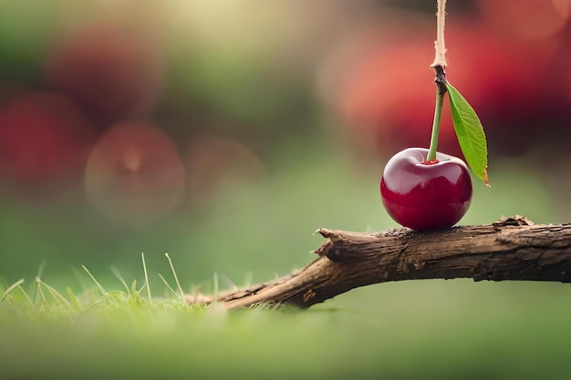 Photo a cherry on a branch with a green background