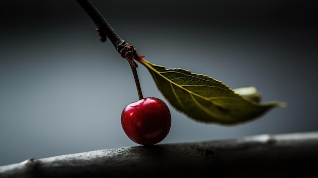 A cherry on a branch with a leaf that has the word cherries on it.