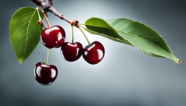 Cherry on a branch with a leaf