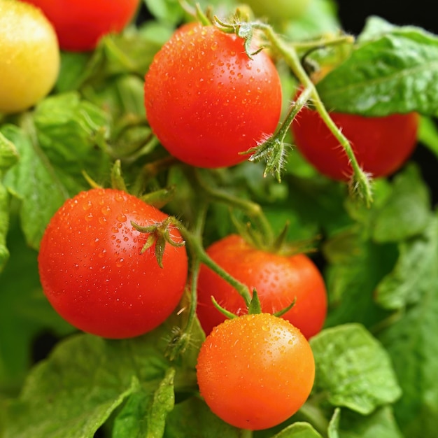 Cherry bush tomatoes  healthy vegetables  healthy food Beautiful fresh red tomatoes on a twig