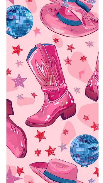 Photo cherry cowboy boots patterns aesthetic pink cowgirl coquette pink cowgirl boots and hat seamless