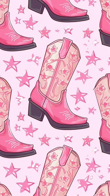 Photo cherry cowboy boots patterns aesthetic pink cowgirl coquette pink cowgirl boots and hat seamless