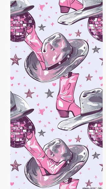 Photo cherry cowboy boots patterns aesthetic pink cowgirl coquette pink cowgirl boots and hat seamless