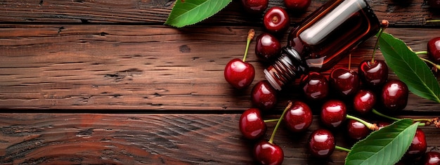 cherry essential oil in a bottle Selective focus