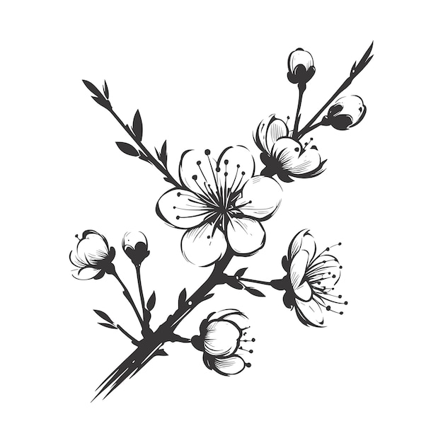 Cherry flower blossom botanical art Spring tree hand draw doodle vector illustration Ink sketch