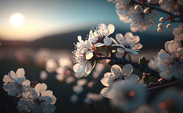 cherry flowers behind blurred sky background with cinematic and dramatic view