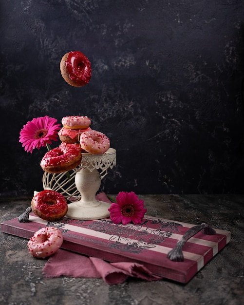 Cherry flying doughnuts and handmade vintage wooden tray