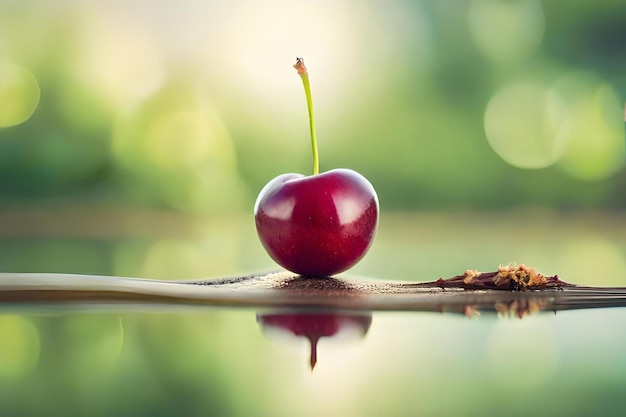 A cherry is on the ground with a green background.