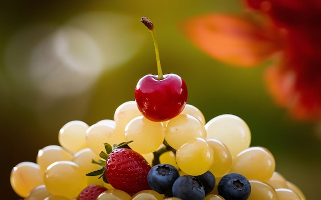 a cherry is on top of a bowl of fruit