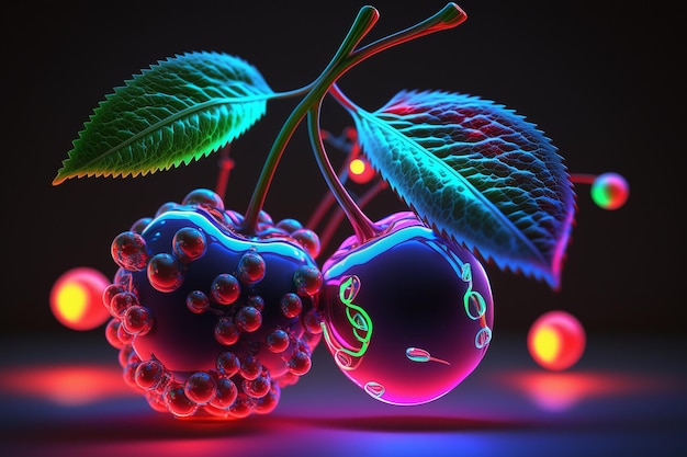 Cherry neon fruit glowing illustartion ai generated art