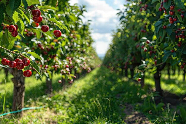 Photo cherry orchard with ripe cherries harvest banner