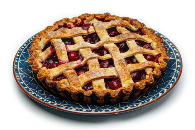 Photo cherry pie on blue ornamental plate isolated on white background traditional fresh homemade bakery