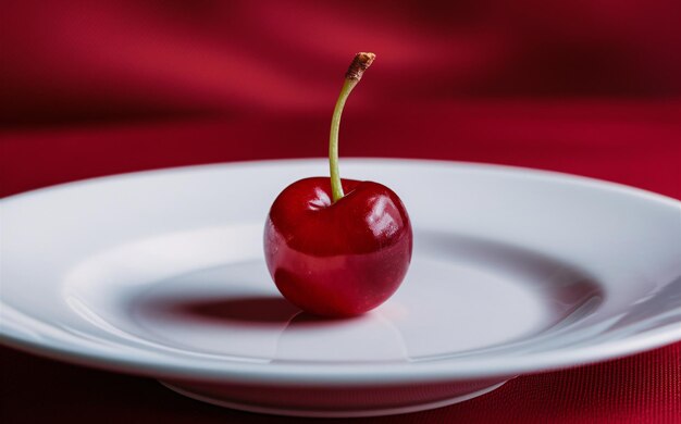 a cherry on a plate with a red background