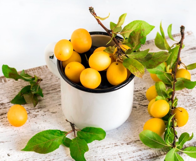 Cherry plum fruits in white enamel mug Autumn fall harvest abundance conceptSoft focus