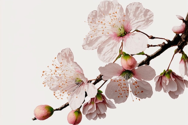 Cherry sakura flowers blossom in full bloom on a cherry tree branch fading in to white illustration