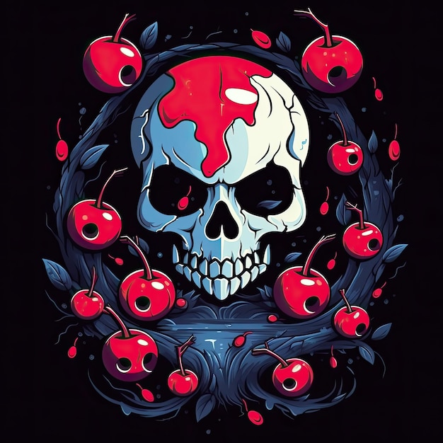 cherry skull red white tshirt vector design mockup printable isolated on black sticker tattoo