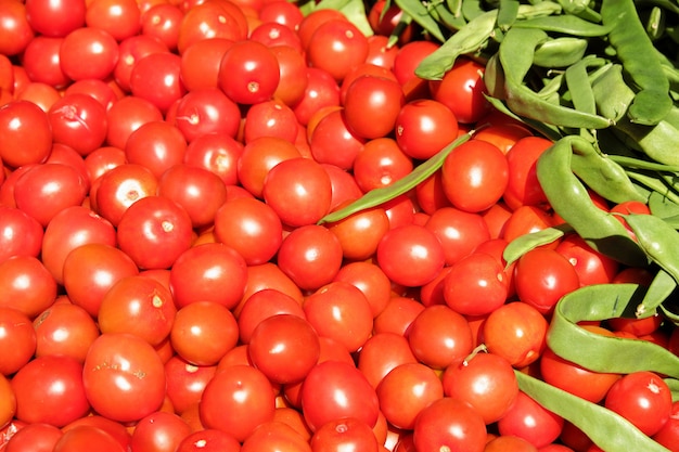 Cherry tomatoes and beans on stall market in southern Spain