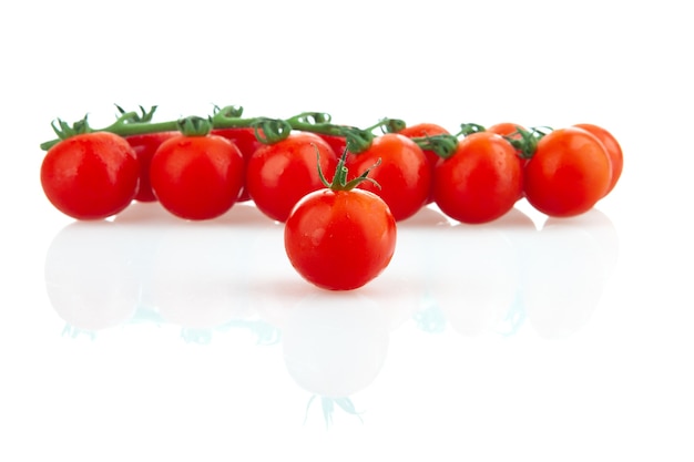 Cherry tomatoes on a branch isolated on white background