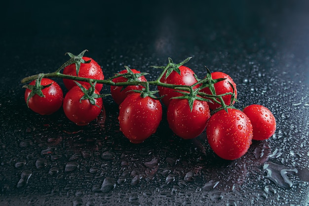 Cherry tomatoes covered by water drops isolated on black space