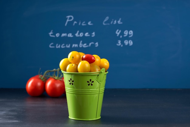 Cherry tomatoes in a green mini bucket with price list on the background.