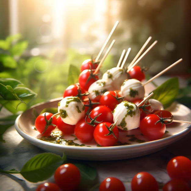 Cherry Tomatoes and Mozzarella skewers with a sunny background High quality