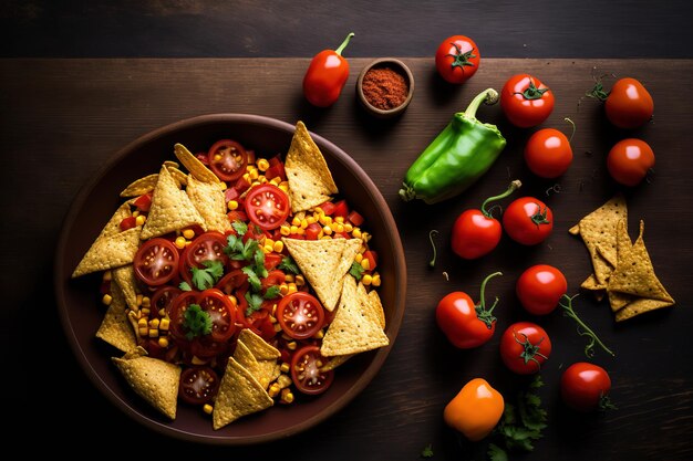 Cherry tomatoes red pepper and parsley are arranged beside corn chips nachos