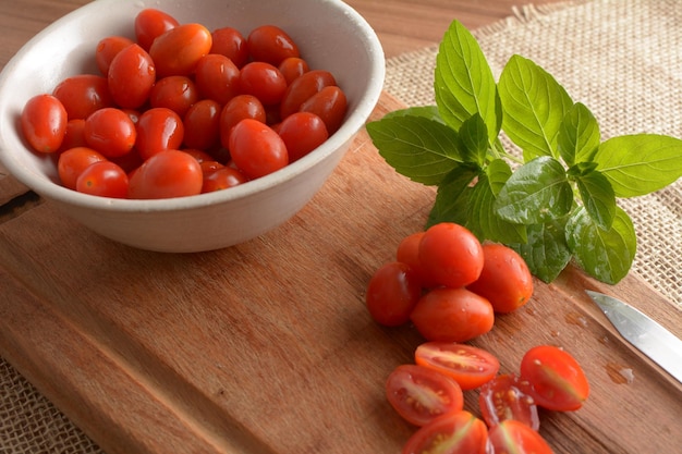 Cherry Tomatoes Small Red Tomatoes in a Bowl on a Wooden Board