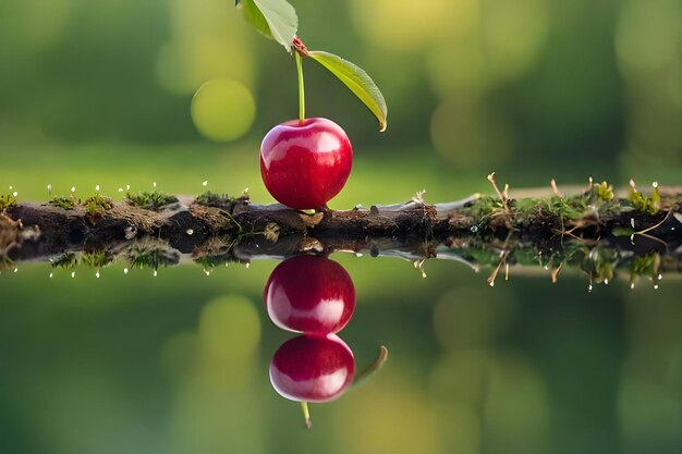 Photo a cherry on a tree branch with a reflection of a tree in the water.