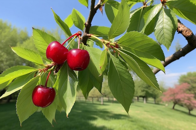 Photo a cherry tree with green leaves and a red cherry on the branch