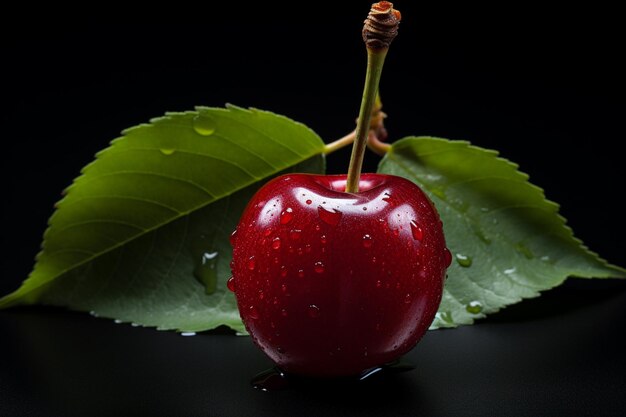 A cherry was photographed against a black