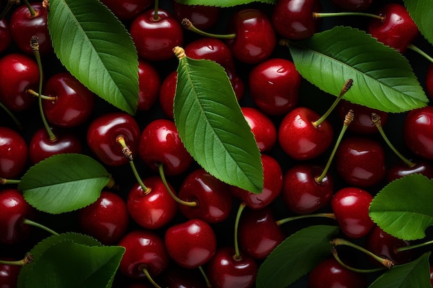 Cherry with leaves top view background