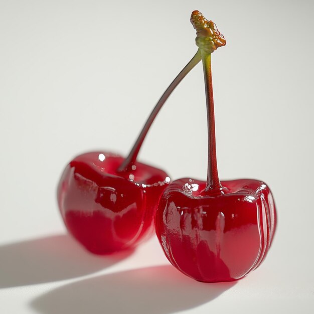 Photo cherry with stem in the form of two red jelly cubes