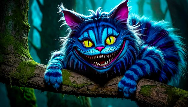 Photo cheshire mysterious cat in the forest fantasy illustration