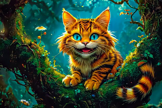 Cheshire Mysterious cat in the forest Fantasy illustration