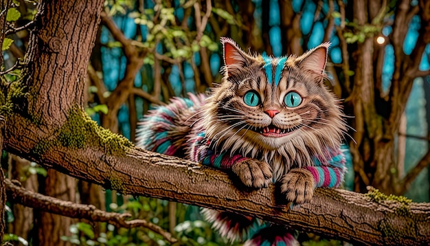 Photo cheshire mysterious cat in the forest fantasy illustration