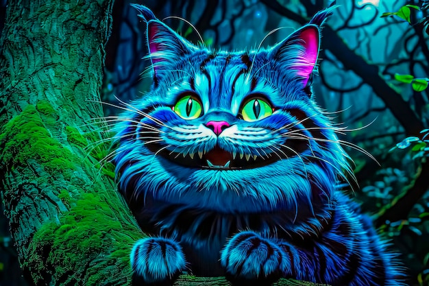 Cheshire Mysterious cat in the forest Fantasy illustration