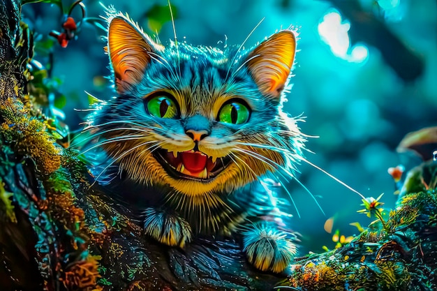 Cheshire Mysterious cat in the forest Fantasy illustration