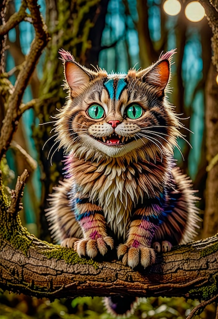 Photo cheshire mysterious cat in the forest fantasy illustration