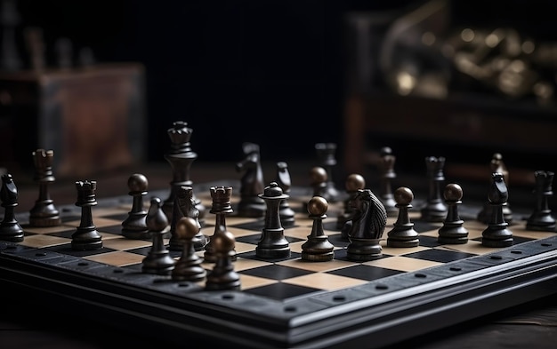 A chess board with a black and white figure on it and the words'chess'on the board.