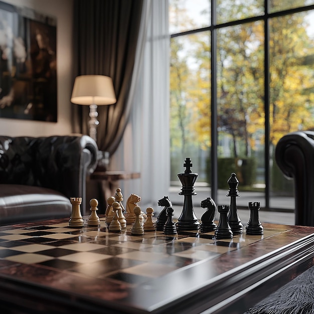 Photo a chess board with chess pieces on it and a black and white chess board in front of a large window