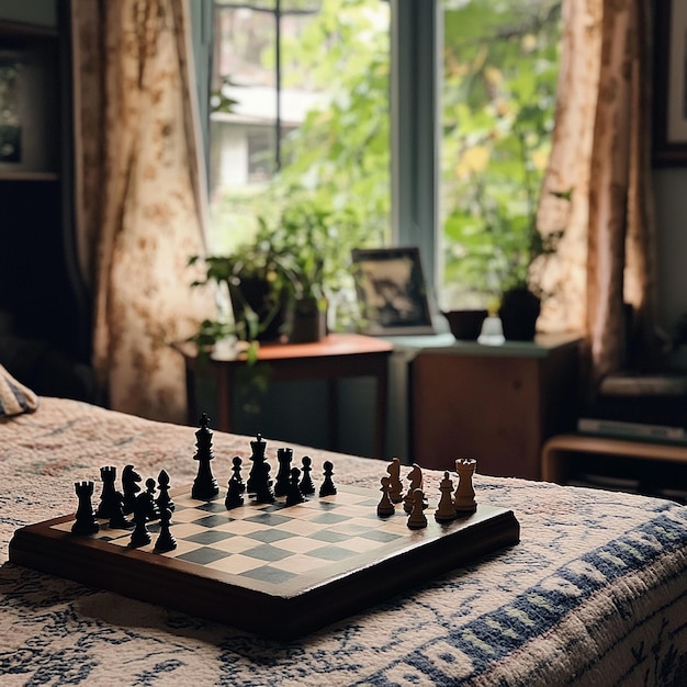 Photo a chess board with chess pieces on it and a blue and white tablecloth