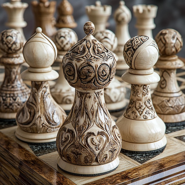 Photo a chess board with chess pieces on it and one of the chess pieces has a white marble base