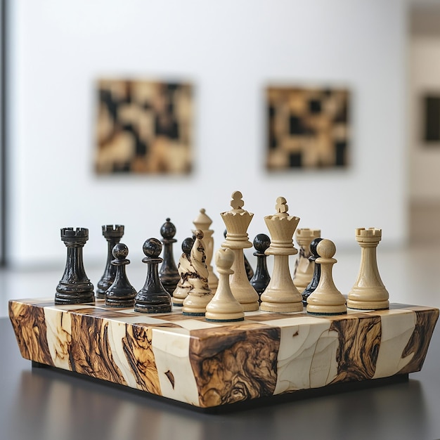 a chess board with chess pieces on it and the picture on the wall behind it