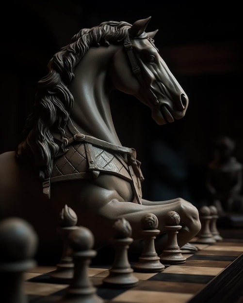 A chess board with a horse on it